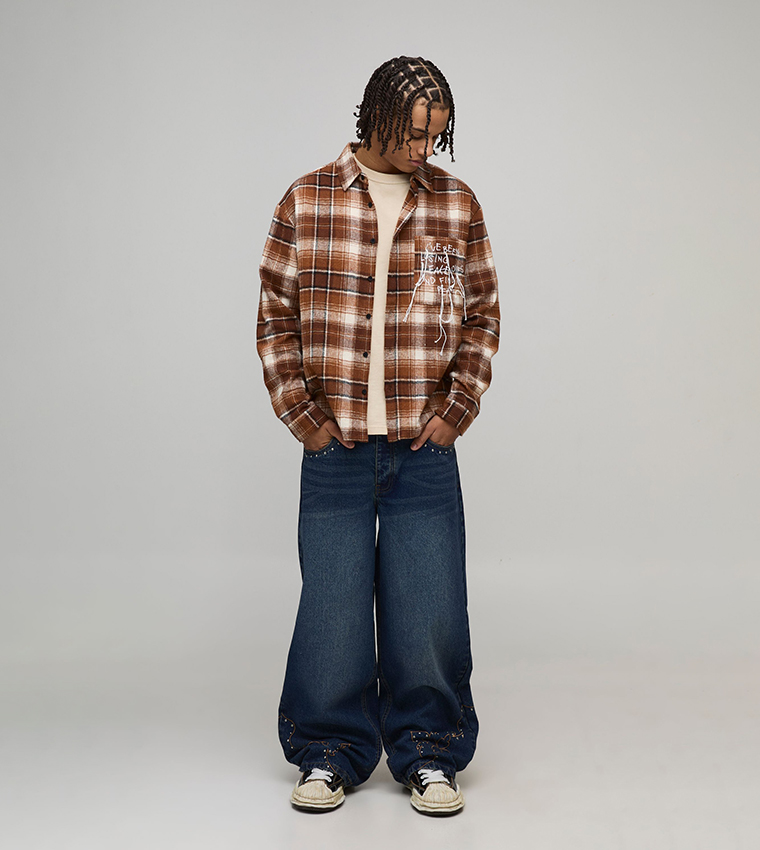 Studded Western Embroidered Hem Baggy Fit Jeans