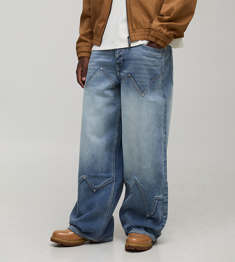 Washed Western Panel Baggy Fit Jeans