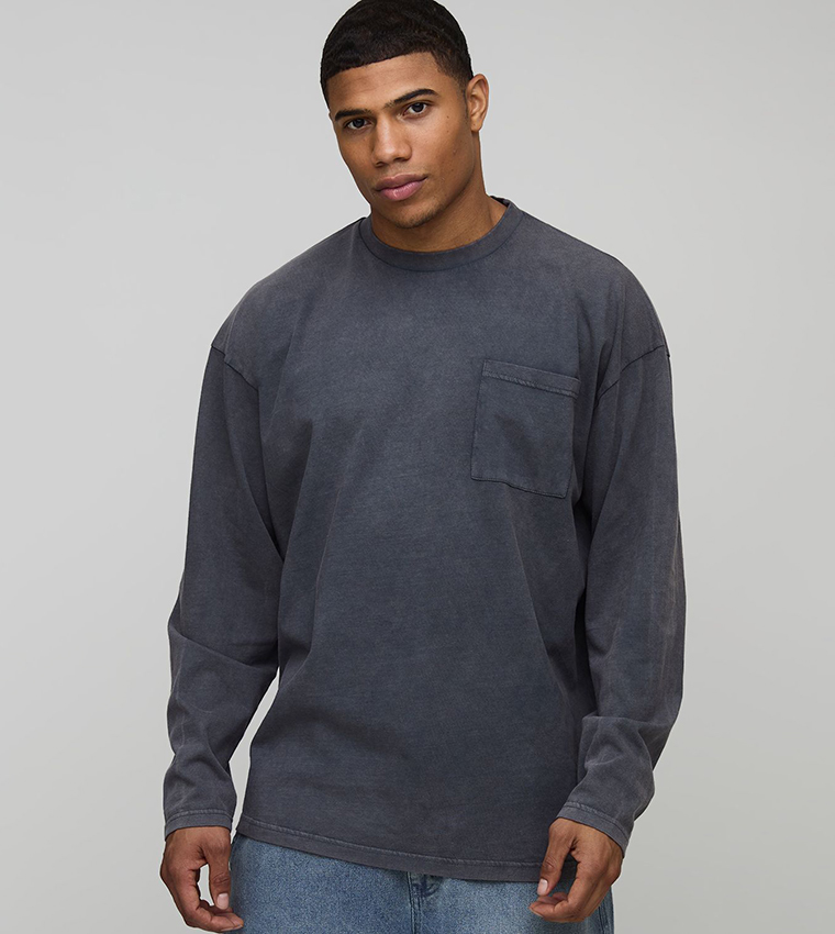 Washed Pocket long Sleeves Oversized T-Shirt