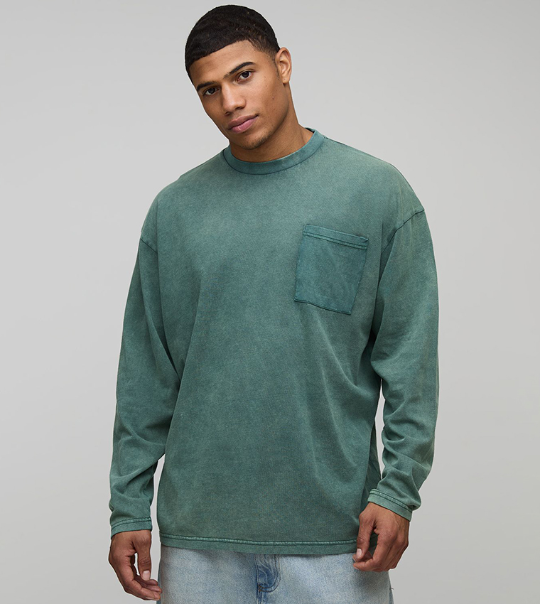 Washed Pocket long Sleeves Oversized T-Shirt