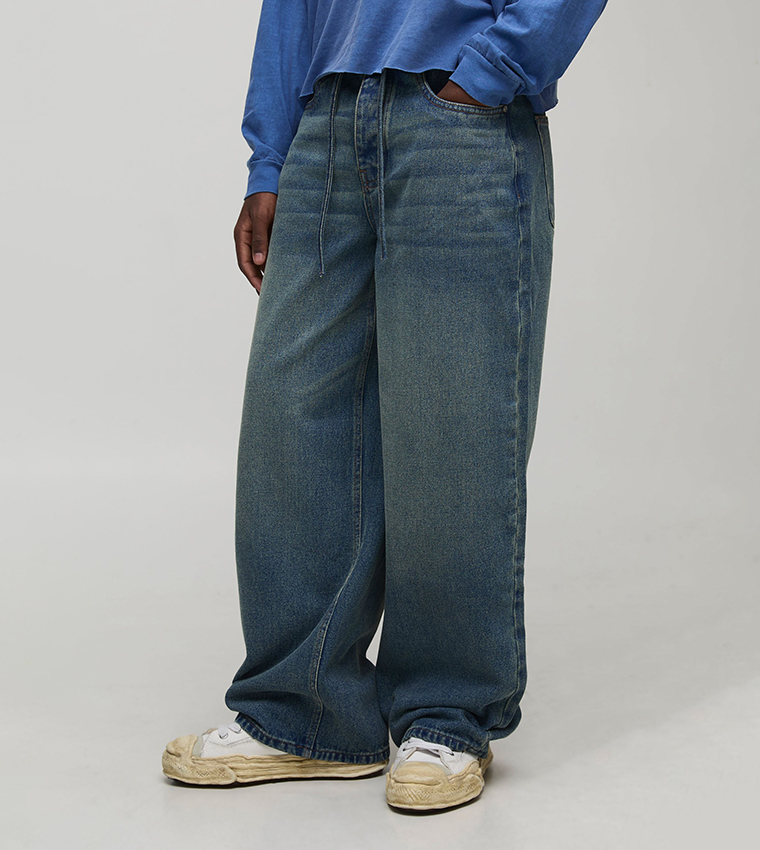 Drawstring Waist Baggy Fit Jeans