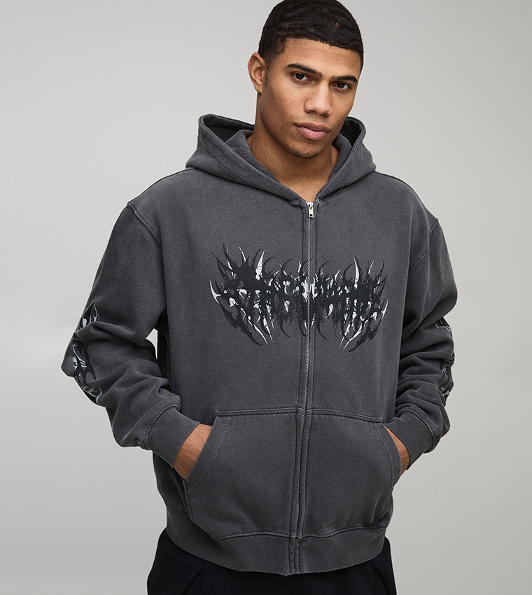 Grunge Graphic Zip Through Printed Oversized Hooded Jacket