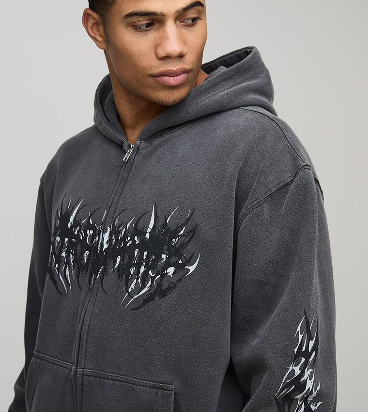 Grunge Graphic Zip Through Printed Oversized Hooded Jacket