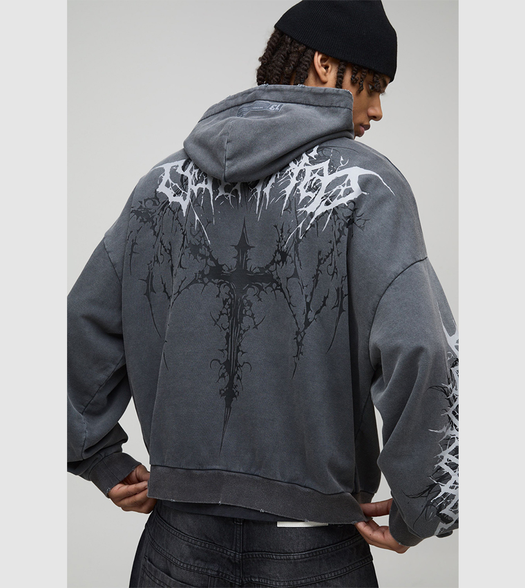 Premium Tattoo Acid Wash Printed Oversized Hoodie