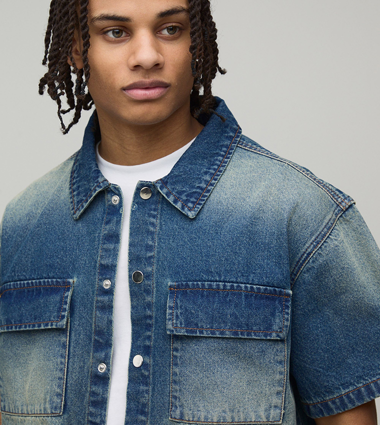 Washed Pocket Detail Boxy Fit Denim Shirt