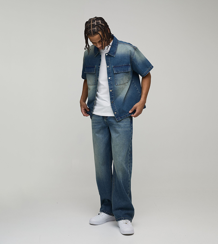 Washed Pocket Detail Boxy Fit Denim Shirt