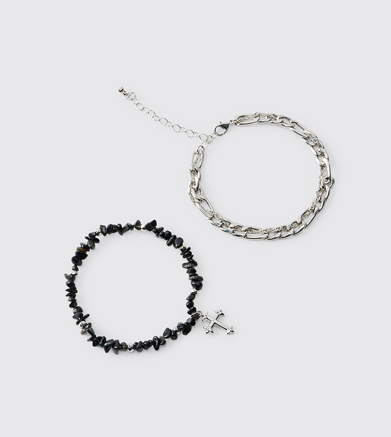 2-Pack Gothic Cross Bead Layered Bracelets