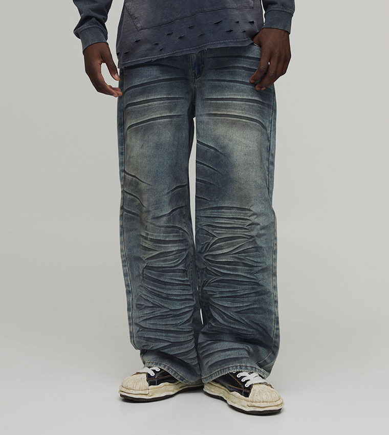 Buy BoohooMAN Extreme Crease Wash Wide Leg Jeans In Blue | 6thStreet UAE