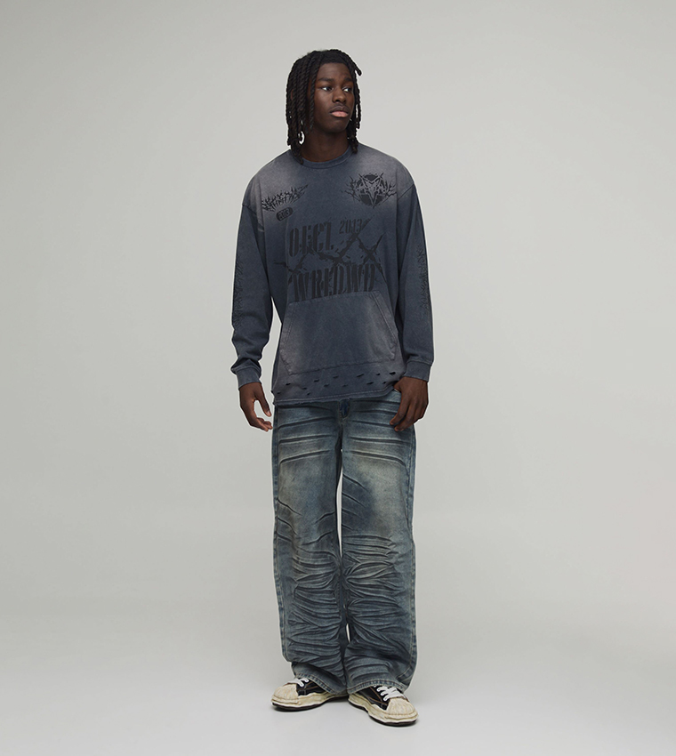 Buy BoohooMAN Extreme Crease Wash Wide Leg Jeans In Blue | 6thStreet UAE