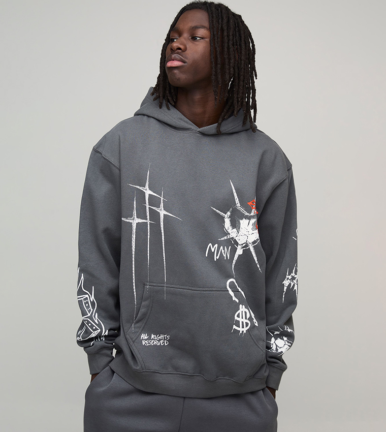 Graffiti Tattoo Printed Oversized Hoodie