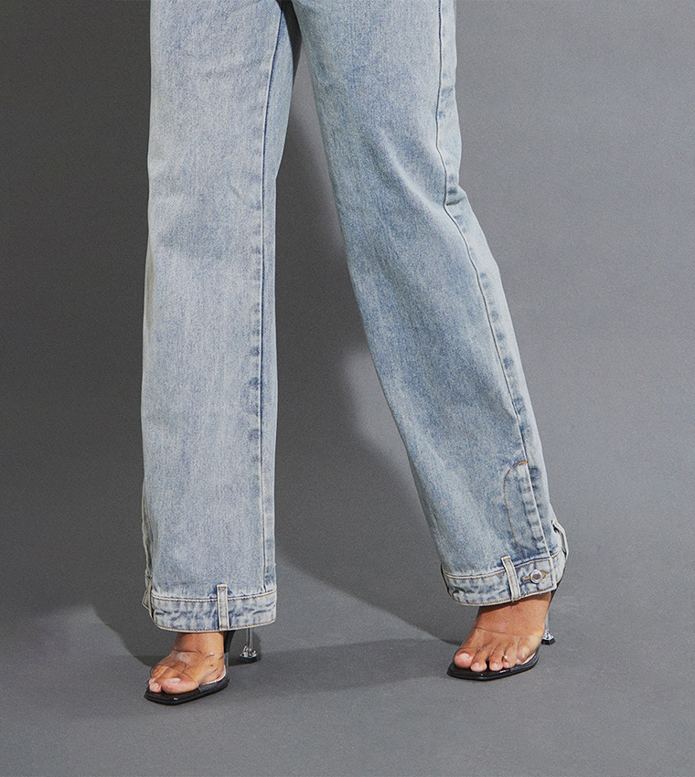 Waistband Detail Hem Straight Fit Jeans