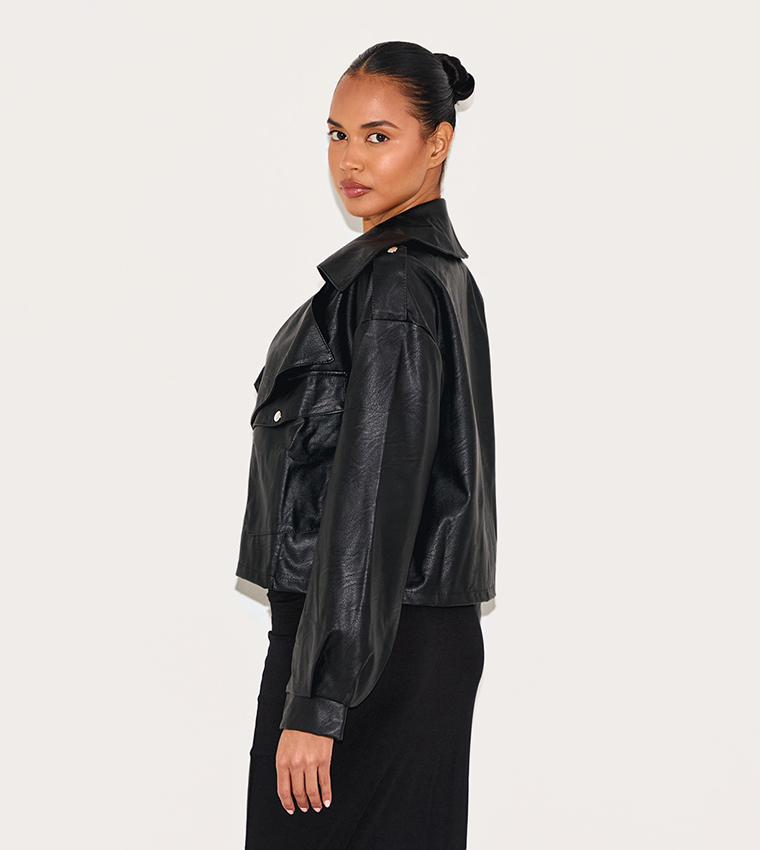 Textured Look Faux Leather Biker Jacket