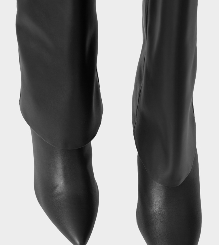 PU Point Toe Fold Over Heeled Knee High Boots