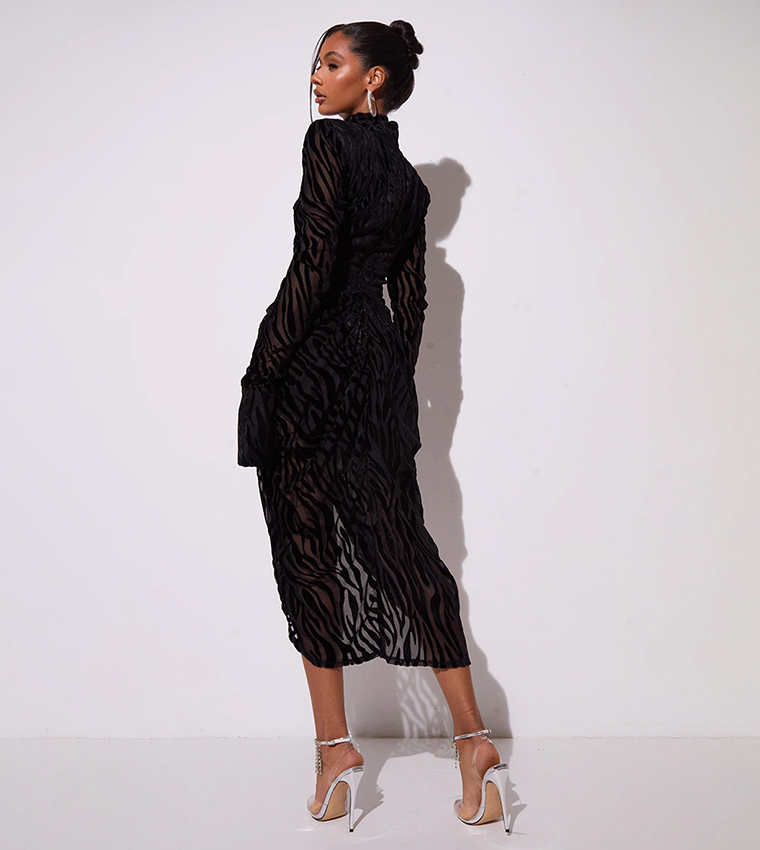 Zebra Print Devore High Neck Draped Midi Dress