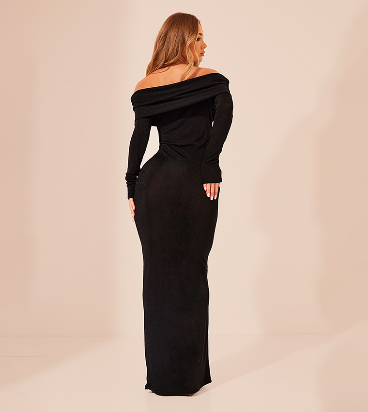 Acetate Slinky Bardot Long Sleeves Maxi Dress