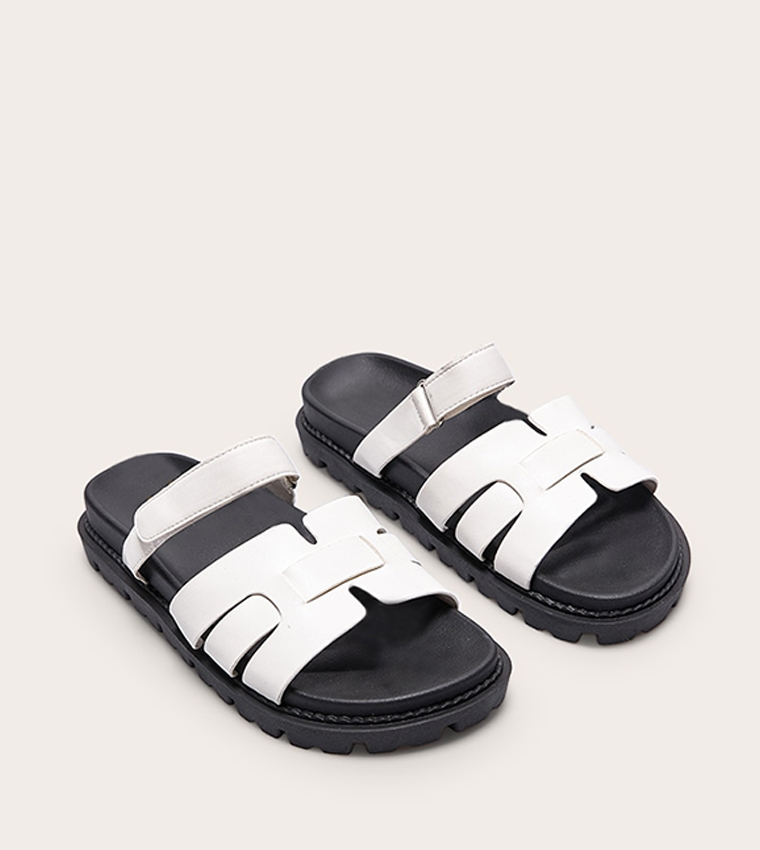 Wide Fit PU Round Toe Velcro Strap Chunky Sandals