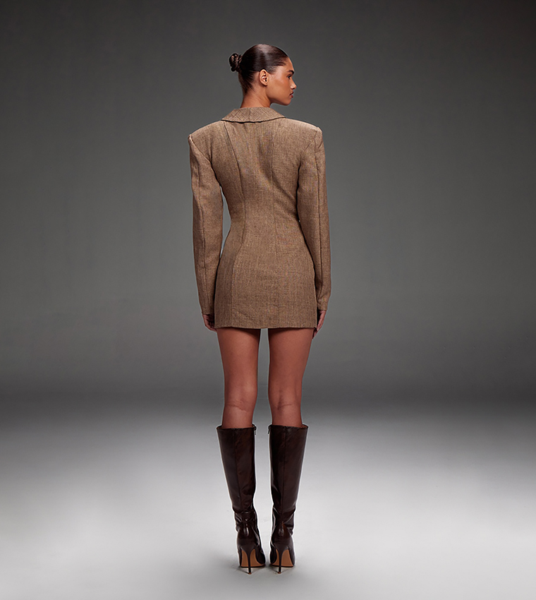 Label Detail Textured Button Plunge Blazer Dress