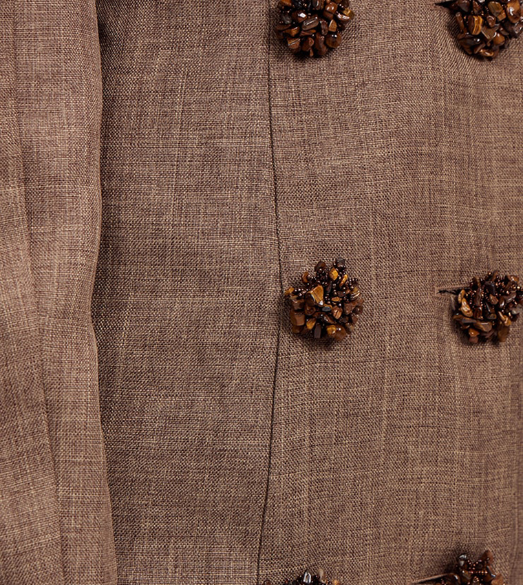 Label Detail Textured Button Plunge Blazer Dress