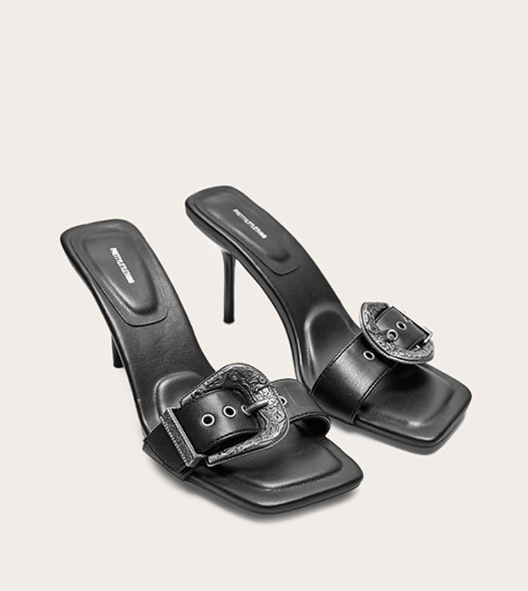 PU Square Toe Western Buckle High Stiletto Heel Sandals