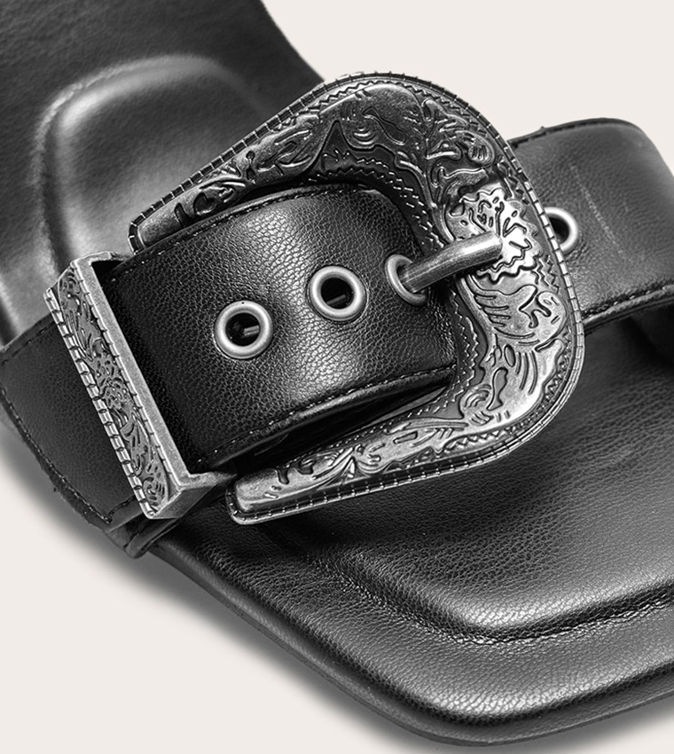 PU Square Toe Western Buckle High Stiletto Heel Sandals