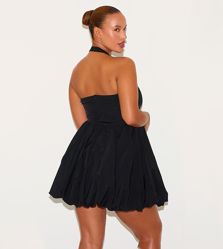 Curve Buckle Detail Halterneck Puffball Mini Dress