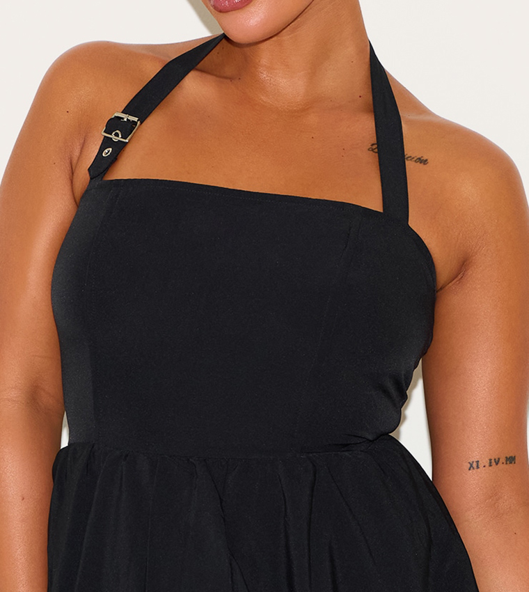 Curve Buckle Detail Halterneck Puffball Mini Dress