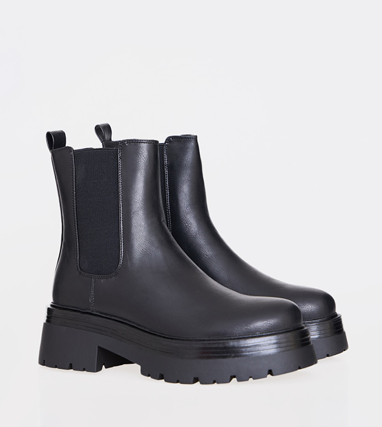 Round Toe Chunky Sole Elastic Chelsea Boots