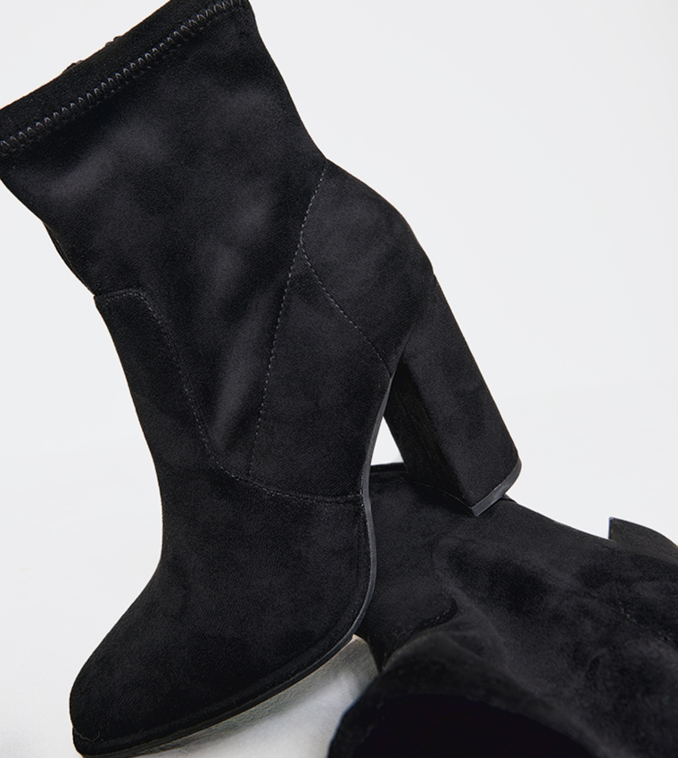 Faux Suede Round Toe High Block Stiletto Heeled Boots