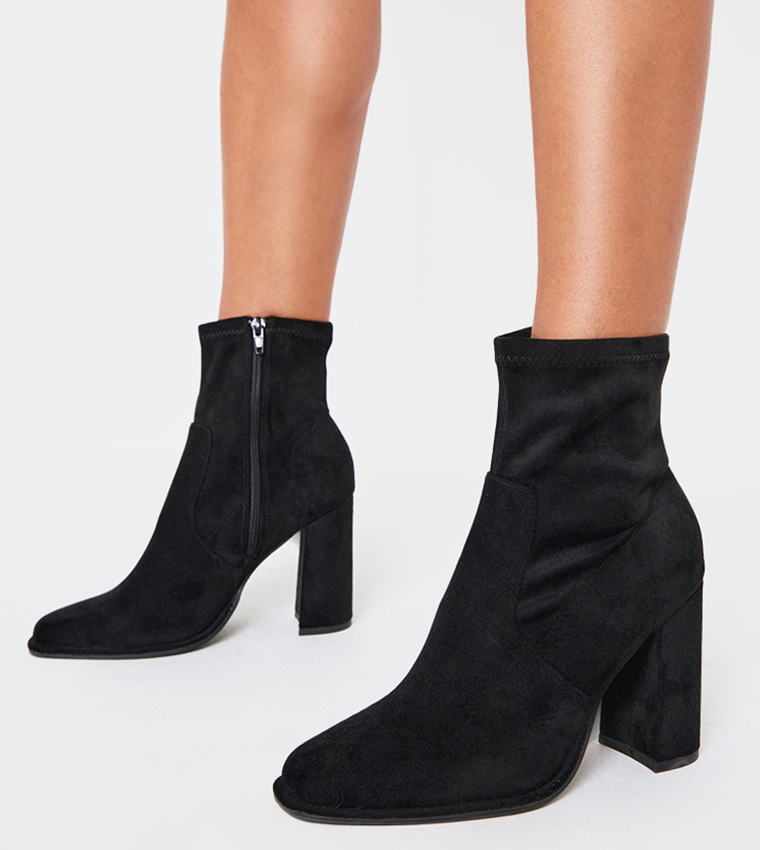 Faux Suede Round Toe High Block Stiletto Heeled Boots