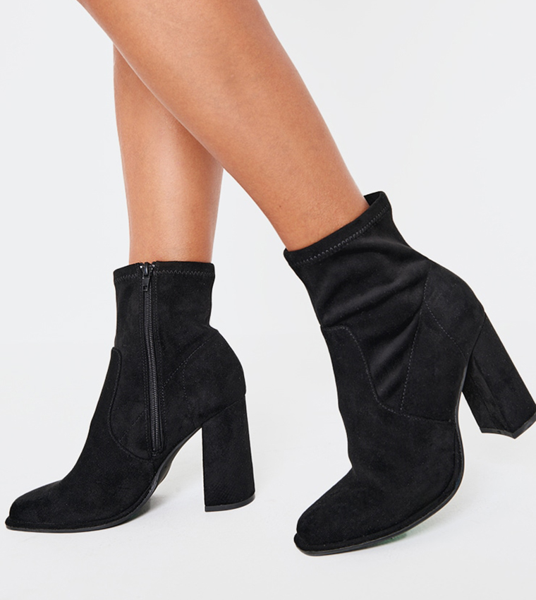 Faux Suede Round Toe High Block Stiletto Heeled Boots