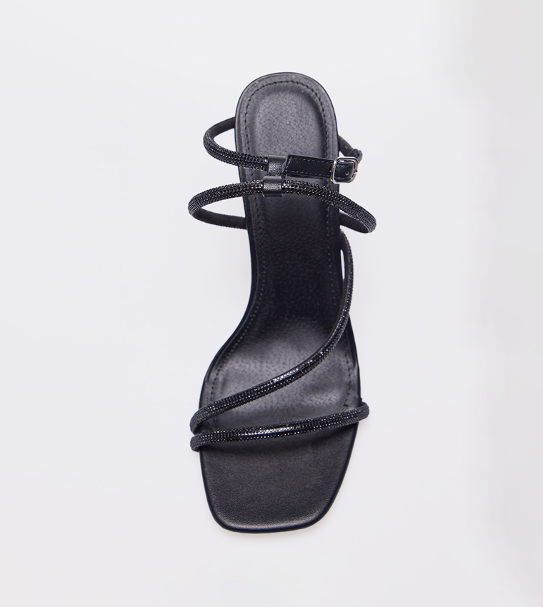 PU Square Toe Diamante Asymmetric Strap High Heels Sandals