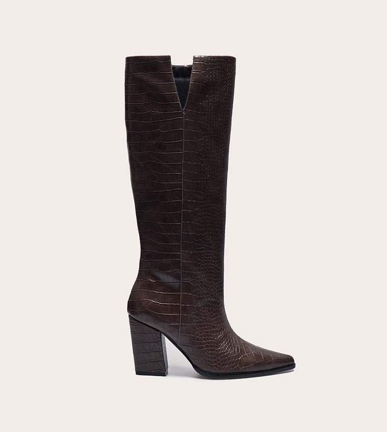 Croc PU Point Toe Block Heeled Knee High Boots