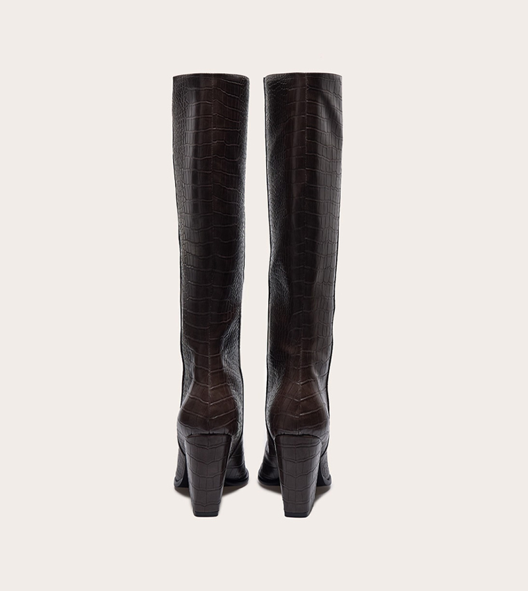 Croc PU Point Toe Block Heeled Knee High Boots