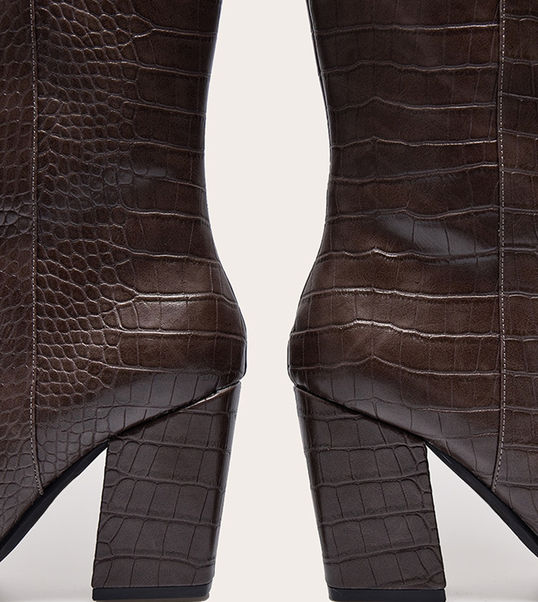 Croc PU Point Toe Block Heeled Knee High Boots
