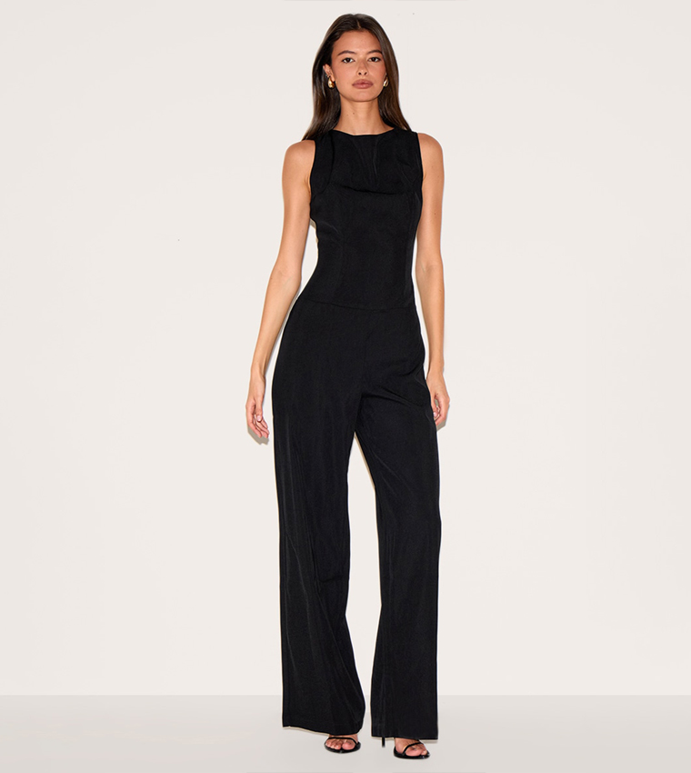Structured Woven Open Back Detail Straight Fit Jumpsuit