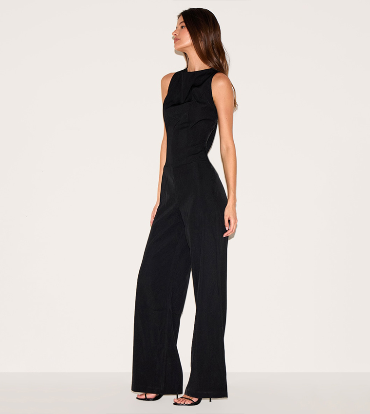 Structured Woven Open Back Detail Straight Fit Jumpsuit