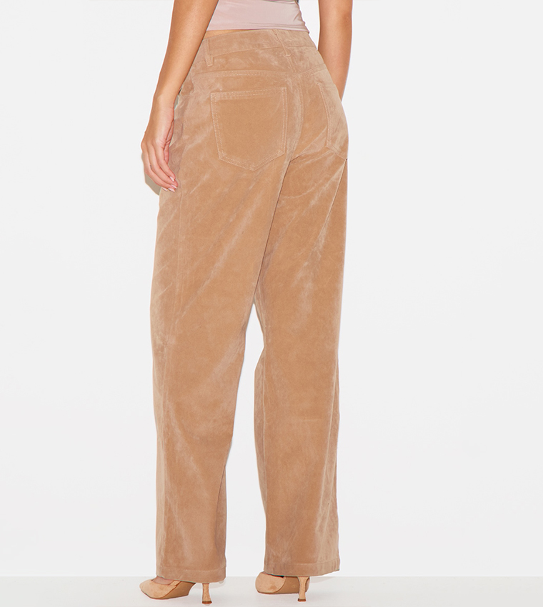 Faux Suede Mid Rise Straight Fit Trousers