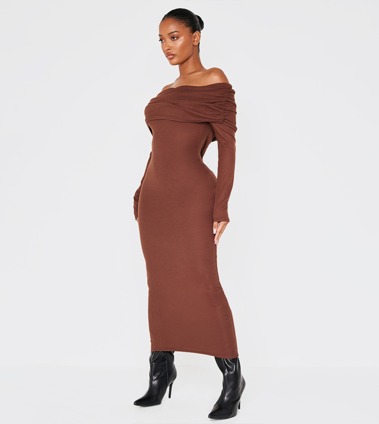 Shape Rib Bardot Long Sleeves Maxi Dress