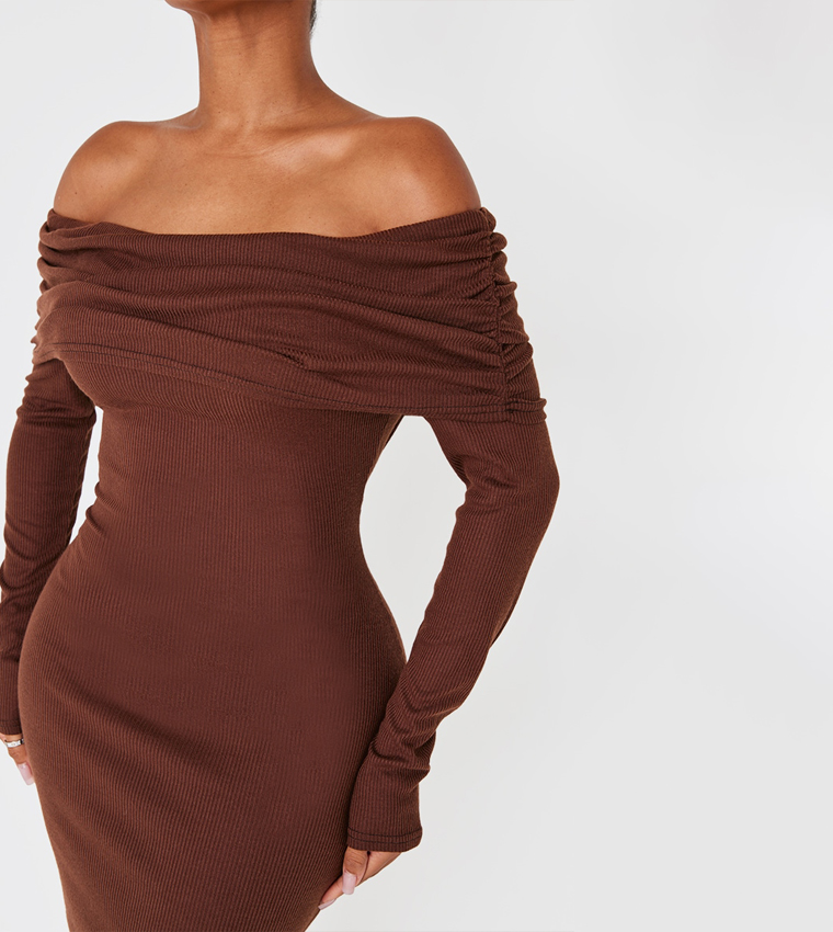 Shape Rib Bardot Long Sleeves Maxi Dress