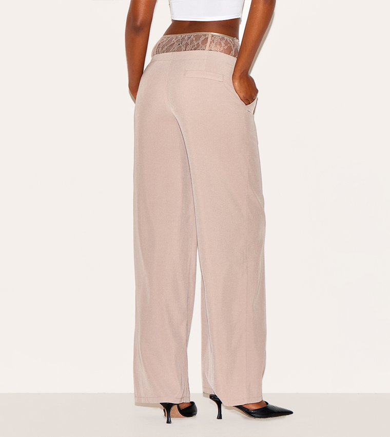 Lace Waist Detail Woven Wide Leg Trousers