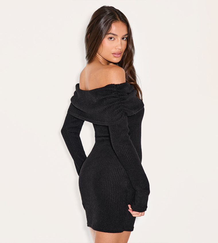 Brushed Rib Bardot Long Sleeves Bodycon Dress