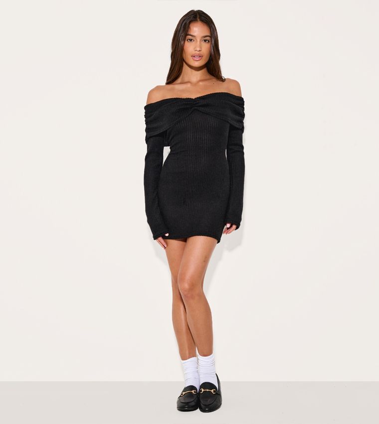 Brushed Rib Bardot Long Sleeves Bodycon Dress