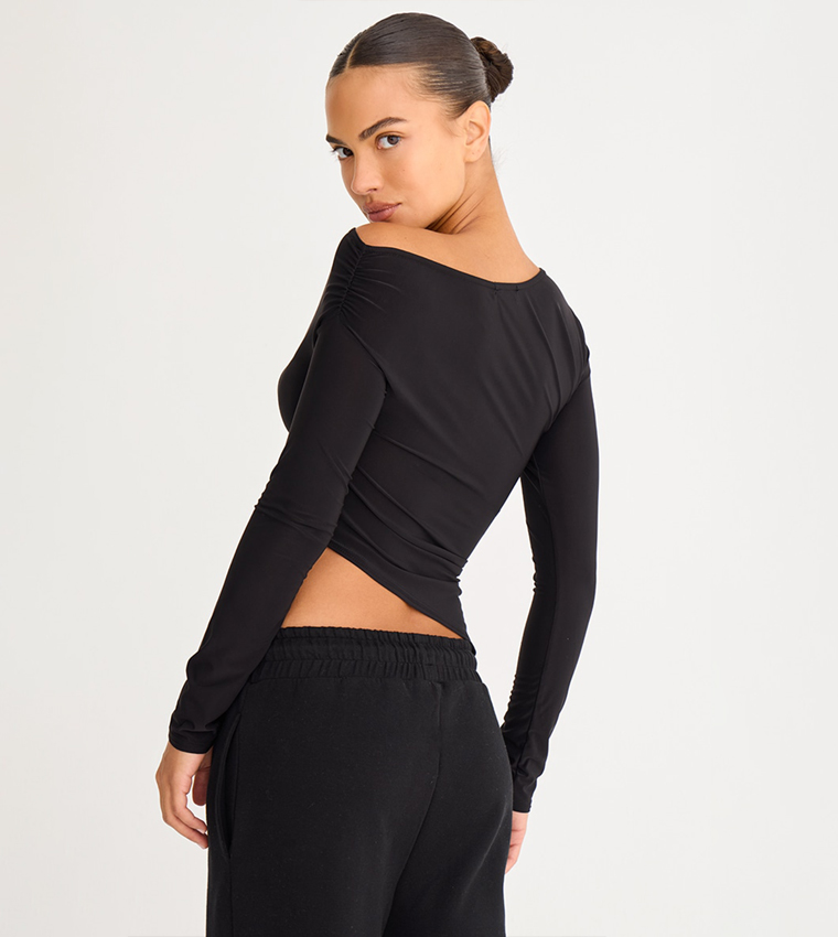 Soft Touch Asymmetric Ruched Long Sleeves Top