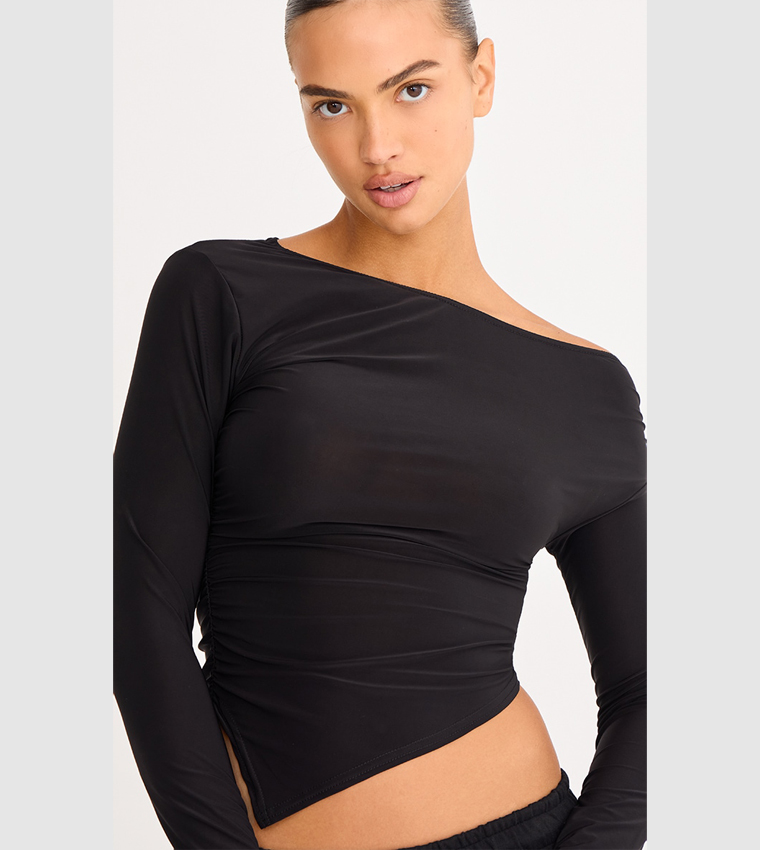 Soft Touch Asymmetric Ruched Long Sleeves Top