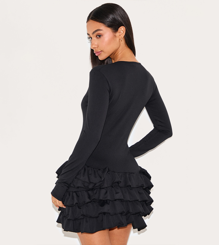 Petite Long Sleeves Frill Detail Shift Mini Dress