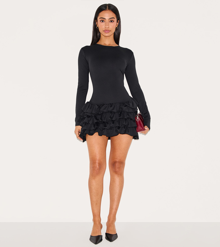 Petite Long Sleeves Frill Detail Shift Mini Dress