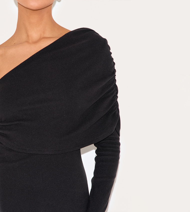 Rib Asymmetric Bardot Long Sleeves Bodycon Dress