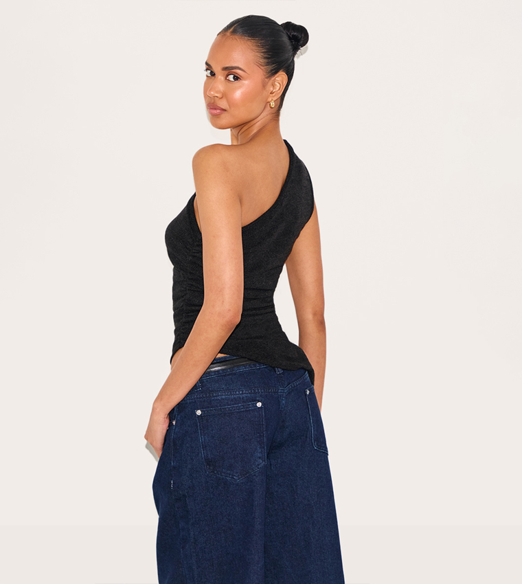 Textured One Shoulder Asymmetric Long Top