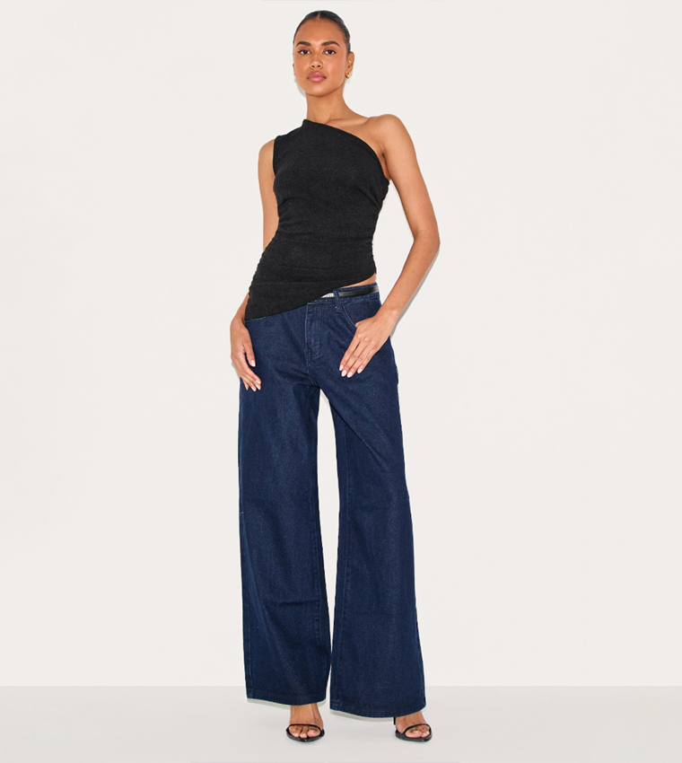 Textured One Shoulder Asymmetric Long Top