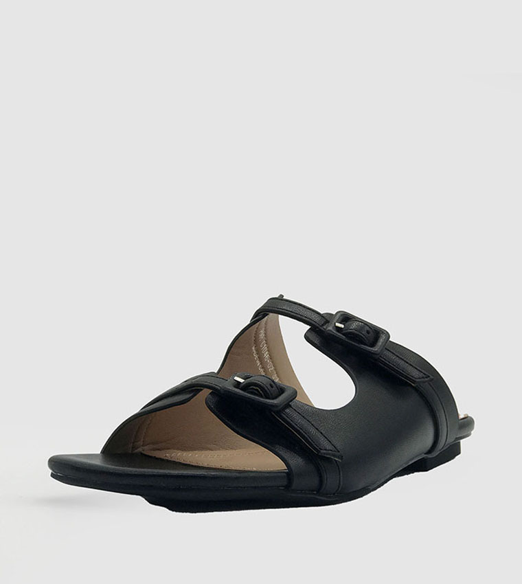Buckle Detail Double Strap Flat Sandals